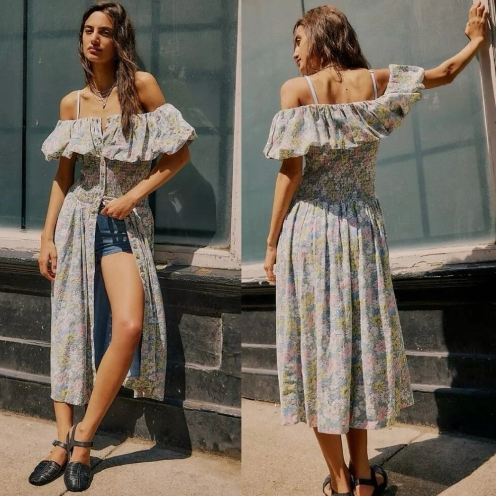 Free People Lewis Smocked Floral Maxi Dress – NWOT Size S Romantic Boho - Picture 3 of 8